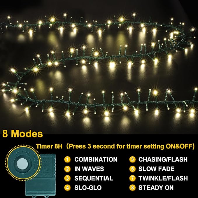 LAMPHOME 500 LED String Lights - Outdoor, 46ft, 500LED, Warm White, Plug-in Twinkle Fairy Lights with 11 Modes, Bedroom, Christmas