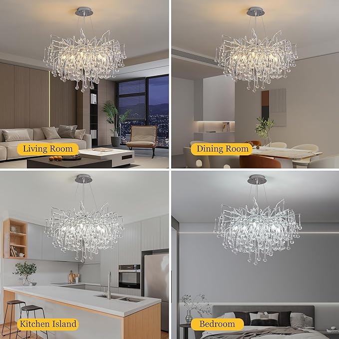 Modern Crystal Raindrop Chandelier, Silver Round Art Deco Tree Branch Lighting Fixture for Dining Room Living Room Foyer 8 Lights D23.7''