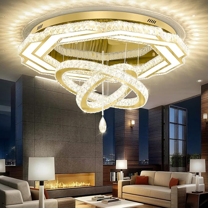 Flashing God Large Crystal Chandelier Dia 48" Gold Chandelier Flush Mount Ceiling Light for Bedroom Living Room Dining Room Hallway Dimmable 3 Rings LED Celing Lighting Fixtures
