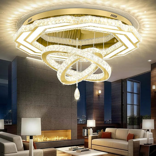 Flashing God Large Crystal Chandelier Dia 48" Gold Chandelier Flush Mount Ceiling Light for Bedroom Living Room Dining Room Hallway Dimmable 3 Rings LED Celing Lighting Fixtures