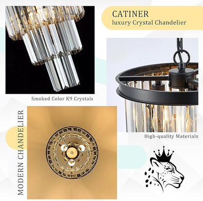 CATINER 3 Tier Black Crystal Pendant Light, Mini Smoke Gray K9 Crystal Chandelier with Adjustable Chain, Modern Small Ceiling Pendant Lighting for Kitchen Island Dining Room Hallway Bedroom Closet