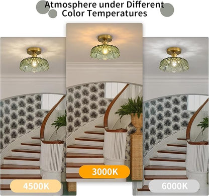 Semi Flush Mount Ceiling Light Mid Century Modern Floral Green Glass Shade, Close to Ceiling Lighting Fixtures for Bedroom, Bathroom, Kitchen, Closet Laundry Room, Foyer and Hallway 9.45 in