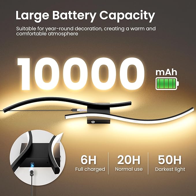 Battery Operated Wall Sconces Set of Two, 10000mAh Rechargeable Modern Wall Lights with Remote Control, Dimmable Black LED Cordless Lighting for Living Room, Bedroom, Hallway, 31.5 Inch, 3CCT
