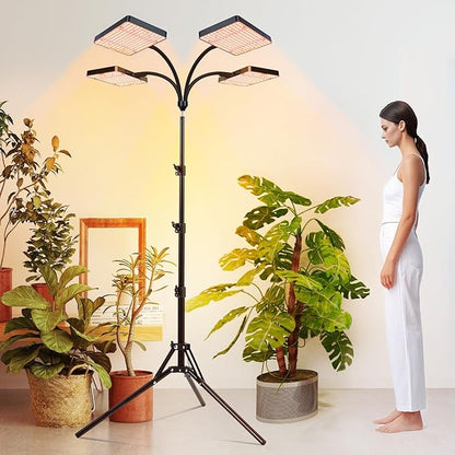 FECiDA 2026 4Head Grow Light with Stand, 100 Watt Power Draw, Bright and Big Coverage Grow Lights for Large Houseplants, Bonsai Tree, 4/8/12/16/20 Hr Timer, 24"-72" Height Adjustable, 360° Gooseneck