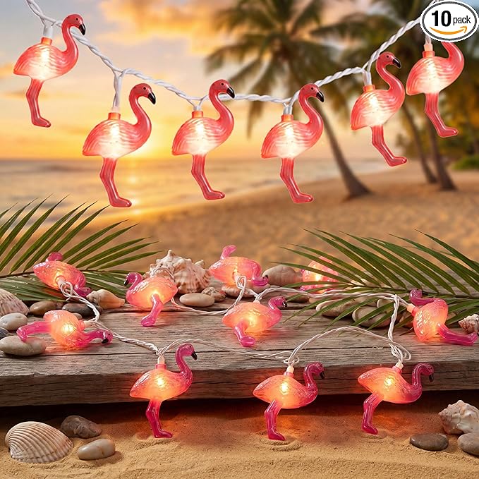 8.5Ft Pink Flamingo String Lights Plug in, Summer Decorative String Lights with 10 LED Flamingo Decor Lights, Tropical Beach Light Waterproof for Bedroom Patio Hawaiian Tiki Luau Party Summer Decor