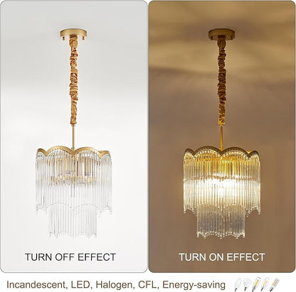 12.52" Gold Clear Glass Crystal Pendant Light 5-Light Modern Crystal Pendant Ceiling Light Fixture 2-Tier Luxury Glass Chandeliers,for Dining Room Kitchen Island Living Room Bedroom