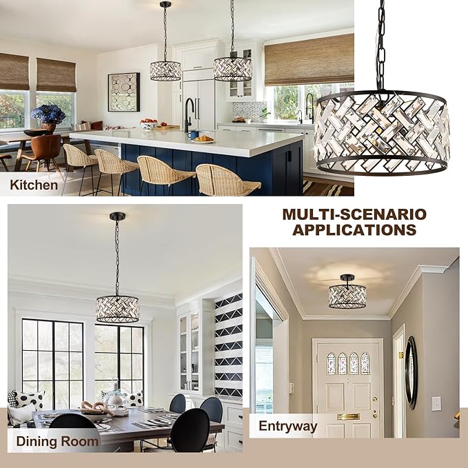 Black Crystal Chandelier, 3-Light Morden Dining Room Light Fixture,12.4" Small Round Semi Flush Mount Chandeliers for Kitchen Foryer Entryway Hallway Living Room Bedroom (ETL Listed)