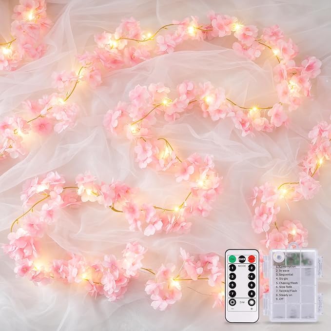 JMEXSUSS Cherry Blossom Lights Battery Operated, 15.75 FT 48 LED Pink Flower Garland with Lights, Artificial Flower Vines Garland for Gackdrop Spring Wedding Bedroom Classroom Indoor Decor