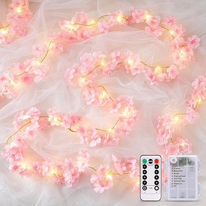 JMEXSUSS Cherry Blossom Lights Battery Operated, 15.75 FT 48 LED Pink Flower Garland with Lights, Artificial Flower Vines Garland for Gackdrop Spring Wedding Bedroom Classroom Indoor Decor