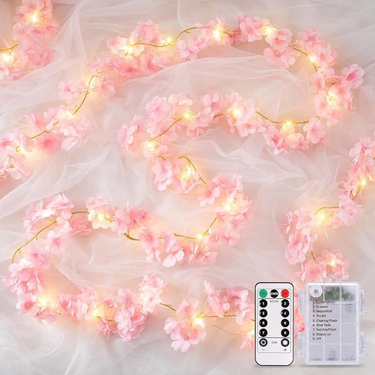 JMEXSUSS Cherry Blossom Lights Battery Operated, 15.75 FT 48 LED Pink Flower Garland with Lights, Artificial Flower Vines Garland for Gackdrop Spring Wedding Bedroom Classroom Indoor Decor