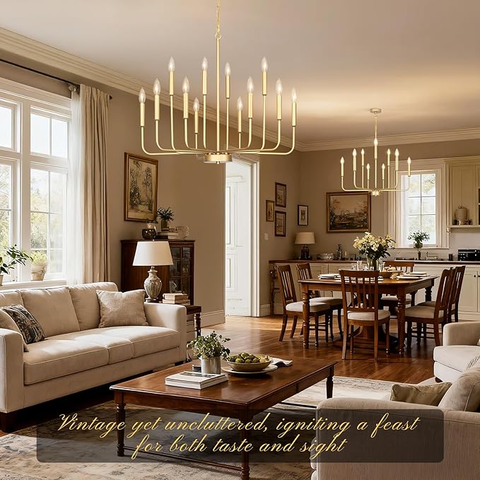 Gold Chandeliers for Dining Room Light Fixture Over Table, Modern Farmhouse Chandeliers for Living Room,9-Lights Industrial Metal Candle Lighting Fixtures for Entryway Kitchen Island Foyer