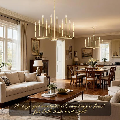 Gold Chandeliers for Dining Room Light Fixture Over Table, Modern Farmhouse Chandeliers for Living Room,9-Lights Industrial Metal Candle Lighting Fixtures for Entryway Kitchen Island Foyer