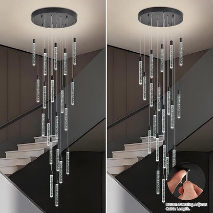 20-Lights Bubble Chandelier for Entryway High Ceiling-157 Height Adjustable Crystal Chandelier,3 Color Temperature Dimmable LED Pendant Light Fixture for Foyer Living Room Staircase,Matte Black