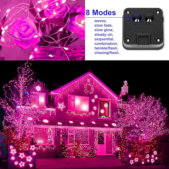 Solar Christmas String Lights Pink Outdoor Waterproof 100 LED（2 Pack） 8 Modes Copper String Lights Fairy Lights for Valentines Day Garden, Patio, Fence, Balcony, Outdoors(Pink 2pcs