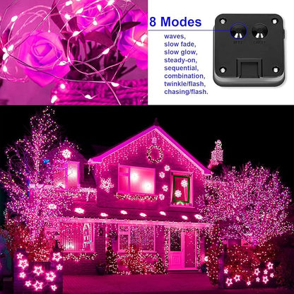 Solar Christmas String Lights Pink Outdoor Waterproof 100 LED（2 Pack） 8 Modes Copper String Lights Fairy Lights for Valentines Day Garden, Patio, Fence, Balcony, Outdoors(Pink 2pcs