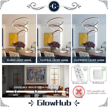 GlowHub 3-Rings Modern LED Chandelier, Wood Grain Round Dimmable Pendant Lighting with Remote Control Circular Hanging Light High Ceiling for Dining Room Kitchen Foyer, 3000K-6500K D20’’