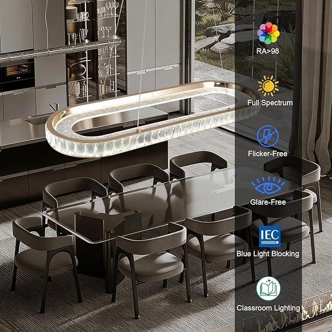 Gold Modern Chandelier Linear Led Chandeliers for Dining Room Oval Ring Chandelier Light Fixture Dimmable Led Pendant Light for Kitchen Island Lighting with Remote Controller