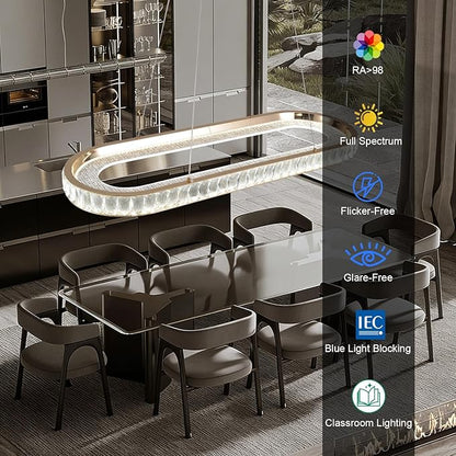 Gold Modern Chandelier Linear Led Chandeliers for Dining Room Oval Ring Chandelier Light Fixture Dimmable Led Pendant Light for Kitchen Island Lighting with Remote Controller