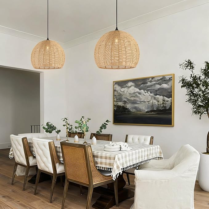 16.1 inch Hemp Rope Woven Pendant Light Wicker Pendant Light Rattan Light Fixture Boho Chandelier Farmhouse Chandelier Dome Pendants Light for Dining Room Bedroom Kitchen