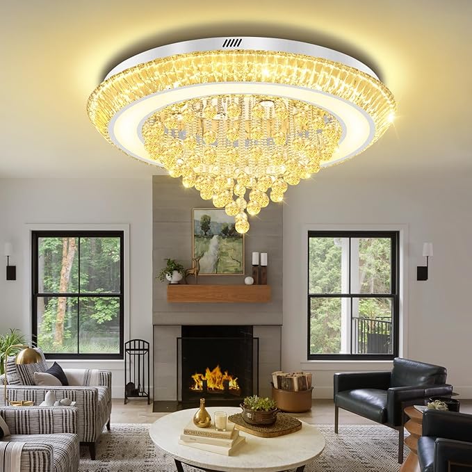 Large Crystal Chandelier for Living Room, Modern Led Luxury Crystal Chandeliers,40in Silver Flush Mount Chandelier Ceiling Light, Raindrop Chandeliers for Dining Room Bedroom