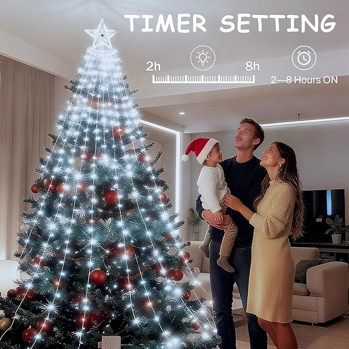 Star String Lights, 350 LED Tree Waterfall Fairy Lights, Outdoor Waterproof Christmas Decoration Lights with Remote, 16FT X 9 Hanging LED Lamp for Garden Yard Wedding Birthday Festival, Cool White