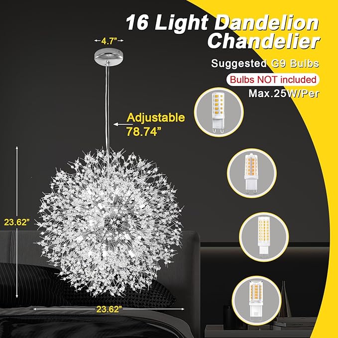 Qamra Modern Crystal Chandeliers, Chrome Firework Dandelion Sputnik Chandelier Light Fixture Pendant Lighting for Dining Room, Bedroom, Kitchen, Living Room(16-Light, Chrome)