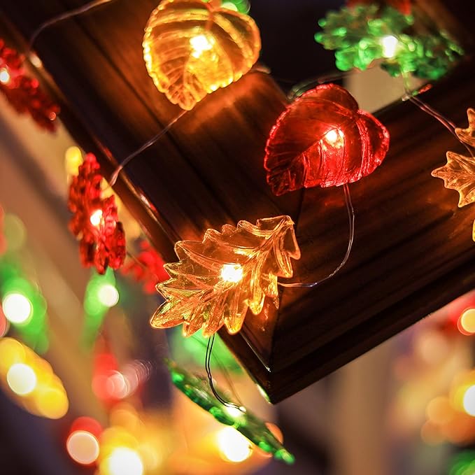 Solar String Lights Fall Forest Leaf Lights Outdoor Garden Tree Décor Thanksgiving Decorative lights Autumn Light up Maple Oak Leaves Decorations Harvest Garland 14ft 40LED Balcony Pathway Bush Decor