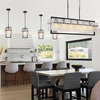 Modern Chandeliers for Dining Room, 6-Light Large Black Rectangle Kitchen Island Lighting with Water Ripple Glass, 42” Crystal Linear Chandelier Light Fixture Over Table for Living Room