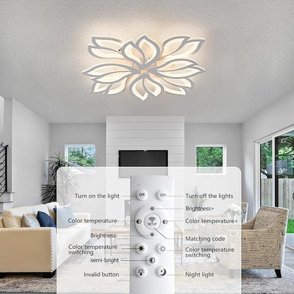 Modern LED Ceiling Light Fixture Dimmable, 28" White Modern Flower Ceiling Light with Remote Control, Low Profile Flush Mount for Bedroom, Kitchen, Living Room