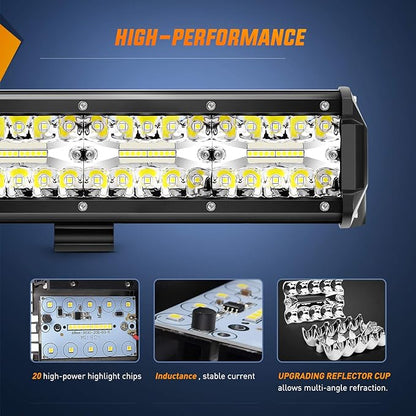 Nilight 20 Inch 420W Triple Row Spot Flood Combo 2 PCS 4 inch 60W Led Pods Flood Boat Lights Driving Fog Lights Work Light for Trucks with 16AWG Off Road Wiring Harness- 3 Leads, 2 Years Warranty