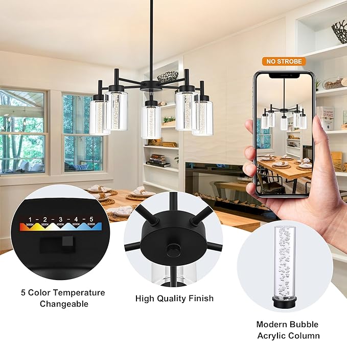 5 Light LED Modern Pendant Lights, Classic Black Chandelier with Crystal Bubble Clear Glass Shade Indoor Kitchen Island Lights Fixtures for Dining Room Cafe Bar