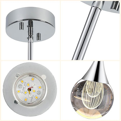 3-Pendant Lights Kitchen Island, Silver Crystal Globe Ceiling Hanging Light Fxitures, LED Light Fixtures Metal Rod Ceiling Glass Pendant Lighting for Kitchen Island Dining Room Bar