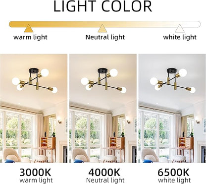 Garwarm 2 Pack 4-Light Industrial Semi Flush Mount Sputnik Ceiling Light Fixture, Black and Gold Modern Sputnik Chandelier for Porch Bedroom Hallway Kitchen Farmhouse