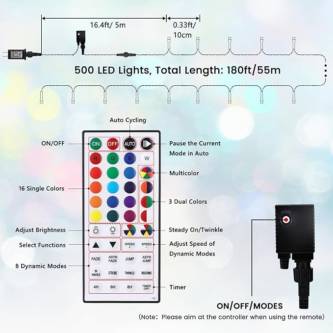 iShabao RGB Color Changing String Lights, 180ft 500 LED Red Wihte Blue Light with Remote Timer, Wateproof Plug in,July 4th Patriotic Lights for Wreath Home Party Yard Garden Tree Decor