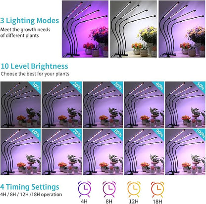 Indoor Plant Grow Light, Full Spectrum Clip Plant Lamp, 40 LED Beads with Red, Blue, White Light, Plant Growing Light with Gooseneck, 4/8/12/18H Timer, 10 Brightness Levels, 3 Lighting Modes, 4 Head