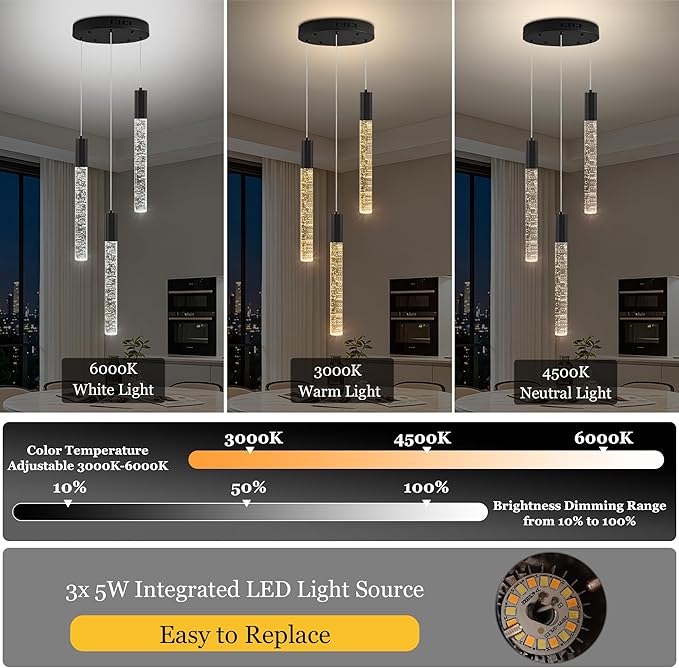 Modern Crystal Chandelier 3-Lights, Spiral LED Raindrop Kitchen Island Pendant Lighting, Bubble Foyer Dinimg Room Hanging Light Fixture Remote Control Black