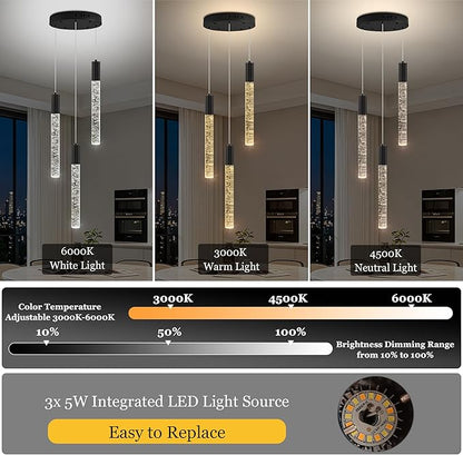 Modern Crystal Chandelier 3-Lights, Spiral LED Raindrop Kitchen Island Pendant Lighting, Bubble Foyer Dinimg Room Hanging Light Fixture Remote Control Black