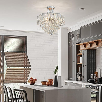 WUZUPS Crystal Chandelier Semi-Flushmount Ceiling Light Modern Lighting Fixture for Bedroom Hallway Entry Kitchen Bathroom, H 19.3" x W 18.3", E12 Base, Silver