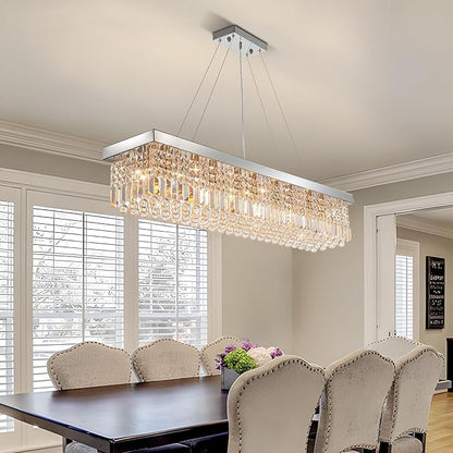 Modern Silver Rectangular Crystal Chandelier,10-Light Modern Chandelier,K9 Crystal Rectangle Chandelier,Farmhouse Pendant Light Fixture for Kitchen Island Bar Bedroom L47 x W10 x H10