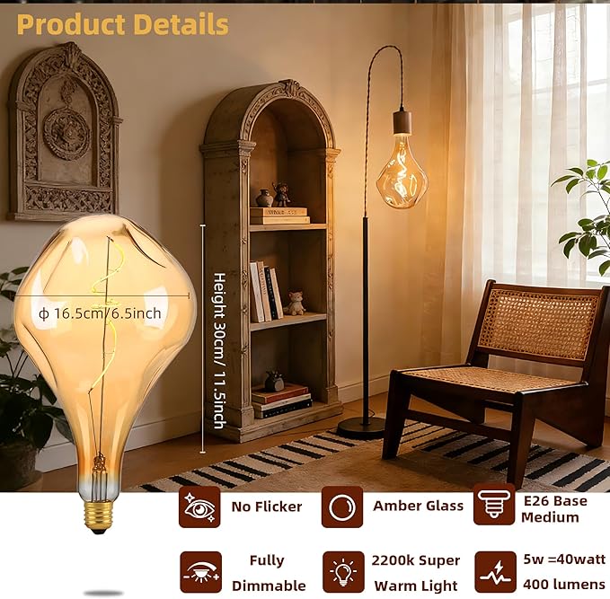 A165 Irregular Unique Large Oversized Vintage LED Edison Light Bulb,2200K Warm Amber Glass Dimmable 5Watt 400LM Extra Giant Decorative Light Bulbs for Pendant Floor Lamp 2Pack