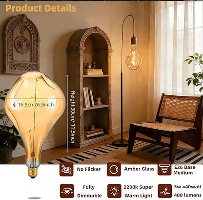 A165 Irregular Unique Large Oversized Vintage LED Edison Light Bulb,2200K Warm Amber Glass Dimmable,5Watt 400LM Extra Giant Decorative Light Bulbs for Pendant Floor Lamp 1Pack