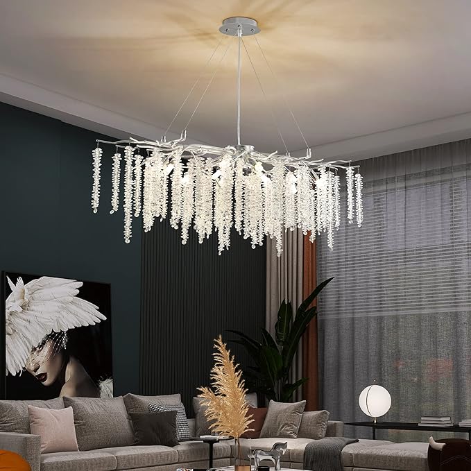 Modern Rectangle Crystal Tree Branch Chandelier, L40'' Silver Linear Art Deco Raindrop Indoor Hanging Pendant Light Fixture for Kitchen Island Dining Room Living Room Foyer 13 Lights