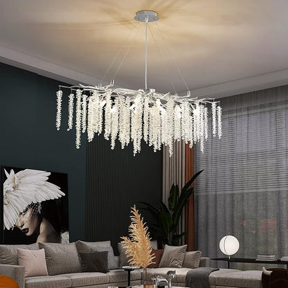Modern Rectangle Crystal Tree Branch Chandelier, L40'' Silver Linear Art Deco Raindrop Indoor Hanging Pendant Light Fixture for Kitchen Island Dining Room Living Room Foyer 13 Lights