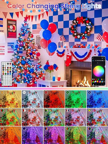240LED Smart 4th of July String Lights App Controlled, 95FT Waterproof Red White and Blue Lights, Patriotic RGB Color Changing Twinkle Light with Remote & Timer Indoor Outdoor for Memorial Day Decor