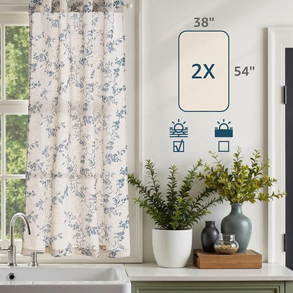 jinchan Floral Kitchen Curtains 54 Inch Linen Tier Curtains Farmhouse Cafe Half Window Drapes for Small Windows Light Filtering Blue on Beige for Living Room Bathroom Back Tab 2 Panels