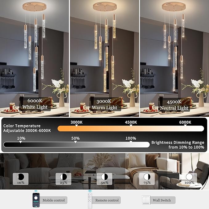 7-Lights High Ceiling Crystal Chandelier, Modern LED Raindrop Pendant Light Fixture 60" H Flush Mount Chandelier Gold for Foyer Staircase Living Room