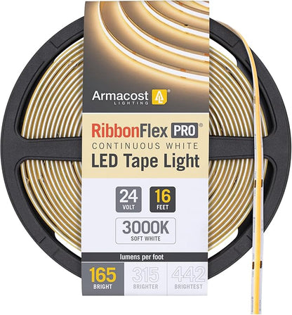 Armacost Lighting RibbonFlex Pro 24V White COB LED Strip Light Tape 3000K, 165 Lumens/Ft, 5M 171230
