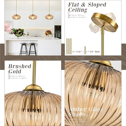 10" Amber Glass Modern Pendant Light Kitchen Island 2 Pack Brushed Gold Mid Century Modern Pendant Lighting with Clear Amber Glass Hanging Pendant Light for Dining Room（Bulb Incl.）