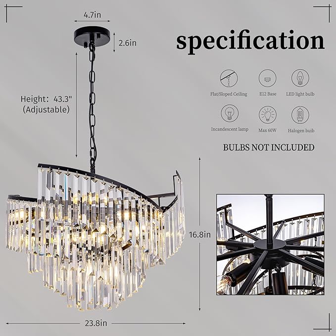 TOCHIC Modern Black Crystal Chandelier for Dining Room, 24" 7-Light Farmhouse Ceiling Light Fixture with Spiral Design, Pendant Light Fixtures for Living Room, Entryway, Foyer, Kitchen Island
