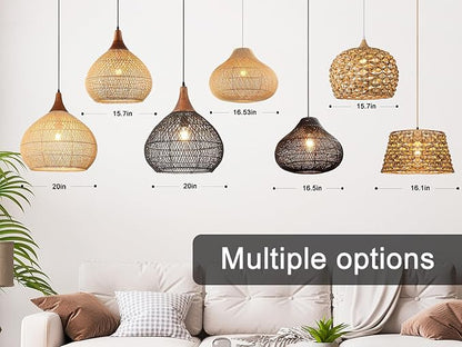 20" Large Rattan Pendant Light, Rattan Chandelier Hand-Woven Boho Pendant Light Fixtures with Solid Wood, Basket Wicker Chandelier for Dining Room Kitchen Island Living Room